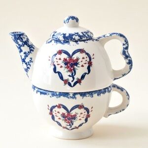 Nantucket Country Hearts Stacking Tea Pot & Cup 16oz Tea for One Vintage Ceramic
